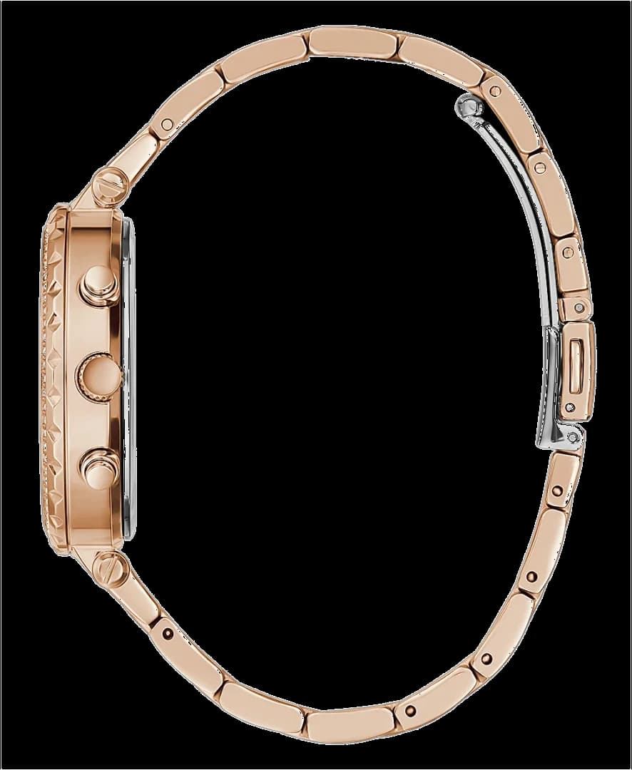 Visage cadran Guess GW0403L3 dévoile index bâtons dorés et aiguilles fines sur fond gris soleillé avec guichet date à 3h