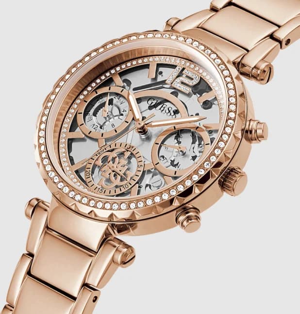 Lunette boîtier Guess GW0403L3 ronde en acier inoxydable rose gold 37 mm polie, lunette lisse et verre minéral bombé