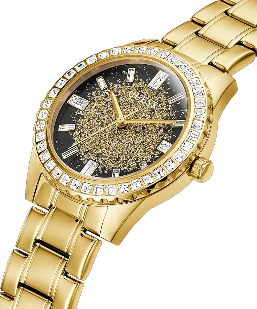 Visage cadran Guess GW0405L2 affiche index bâtons appliqués dorés et aiguilles fines pour une lisibilité élégante