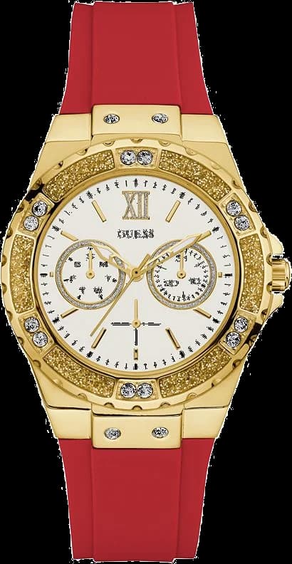 Montre Femme Guess GW0431L1 Glitz - Cadran Blanc, Boîtier Or, Bracelet Silicone Rouge