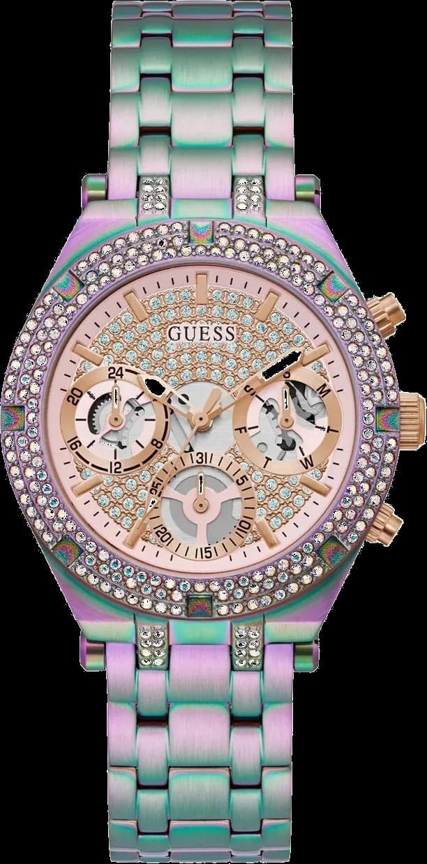 Garde-temps Guess GW0440L3 présentant un cadran violet irisé avec index baguette et aiguilles bâtons en acier