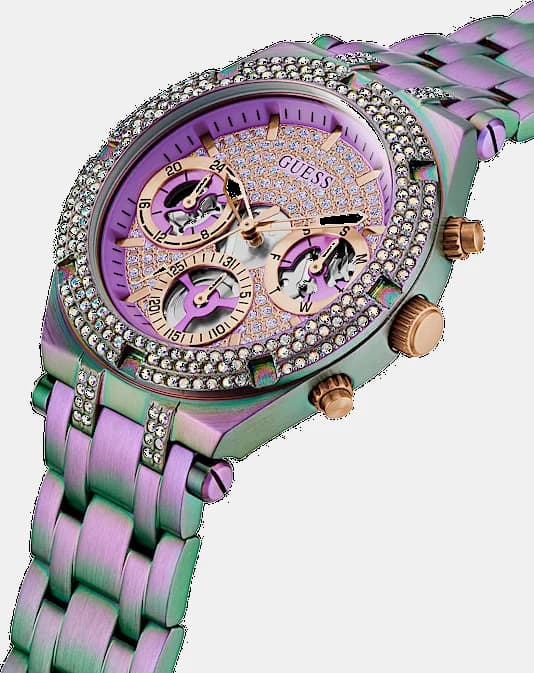 Visage cadran Guess GW0440L3 avec index multicolores en forme de baguette et guichet date à 3h, aiguilles luminescentes