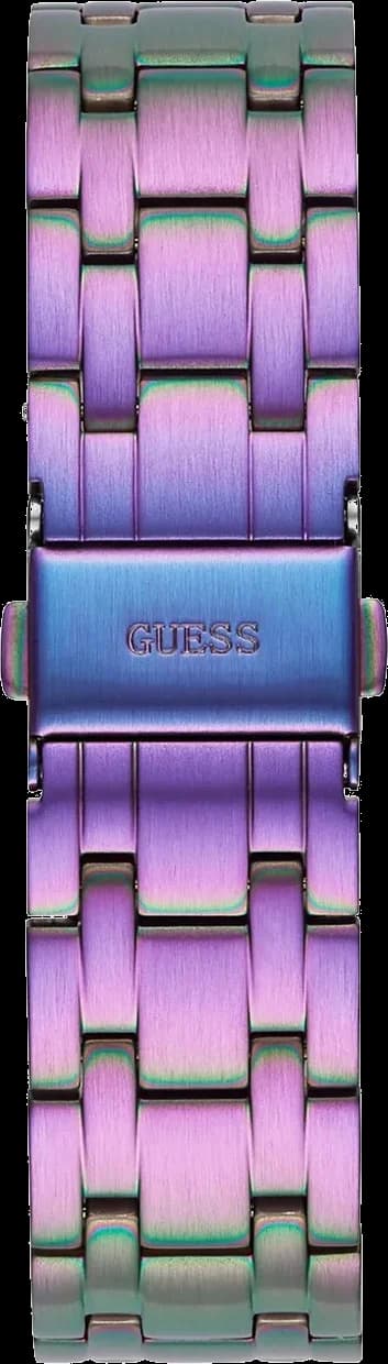 Lunette boîtier Guess GW0440L3 en acier inoxydable violet avec lunette fixe lisse, vue profil 9mm d'épaisseur, couronne crantée