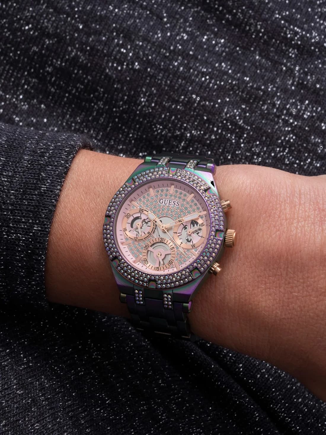 Montre Guess Heiress Rainbow GW0440L3 pour femme, bracelet acier violet multicolore vue 6