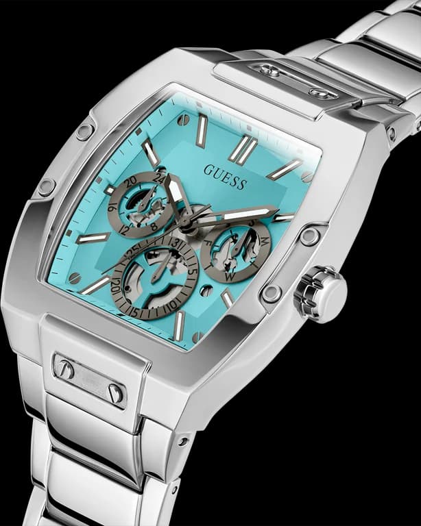 Visage cadran Guess GW0456G4 avec index bâtons et aiguilles dauphine, complication date à 3h