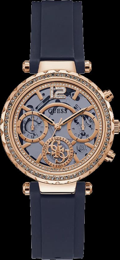 Montre Femme Guess GW0484L2 Squelette, Boîtier Or Rose, Bracelet Silicone Noir