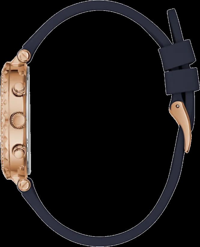 Visage cadran Guess GW0484L2 dévoile index bâtons dorés et aiguilles squelette, complication date à 3h sur fond noir mat