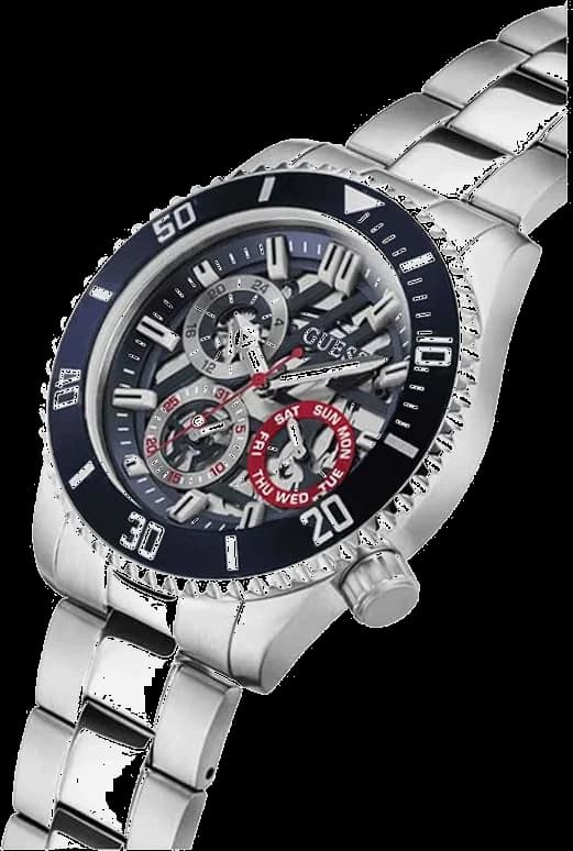 Visage cadran Guess GW0488G1 affiche trois sous-cadrans pour date jour et 24h sur fond azuré