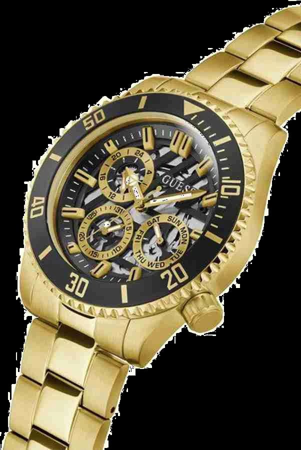 Visage cadran Guess GW0488G2 affiche 3 sous-cadrans pour jour date et 24h sur fond gris soleillé