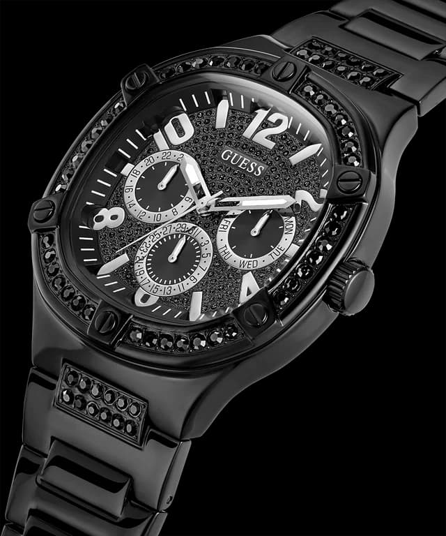 Visage cadran Guess GW0576G3 index appliqués argentés, compteurs chronographe 24h/60s/date, contraste noir et blanc