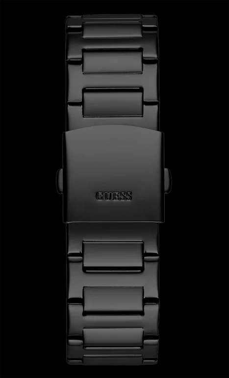 Lunette boîtier Guess GW0576G3 acier noir PVD 44mm, lunette lisse gravée tachymètre, verre minéral, couronne crantée