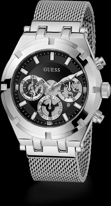 Montre Homme Guess Continental GW0582G1, cadran noir multifonction, bracelet maille milanaise argent vue 2