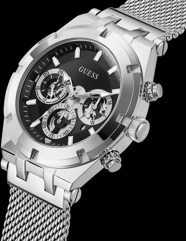 Montre Homme Guess Continental GW0582G1, cadran noir multifonction, bracelet maille milanaise argent vue 3