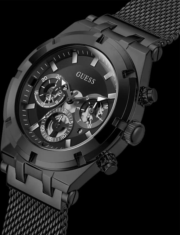 Montre Homme Guess Continental GW0582G3, cadran multifonction noir, bracelet maille milanaise acier noir vue 3