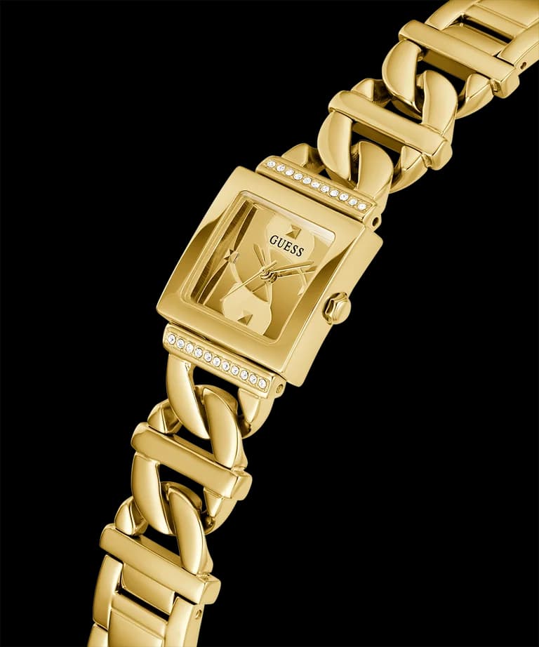 Visage cadran Guess GW0603L2 avec index bâtons polis et aiguilles dorées, affichage analogique précis à quartz