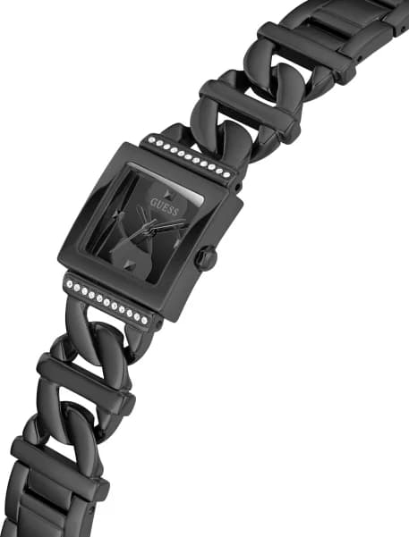 Visage cadran Guess GW0603L3 avec index bâtons argentés, aiguilles luminescentes, date à 3h, fond noir profond satiné