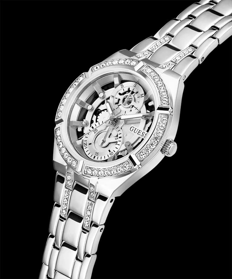Visage cadran Guess GW0604L1 avec index bâtons, aiguilles squelettées et guichet date à 3h