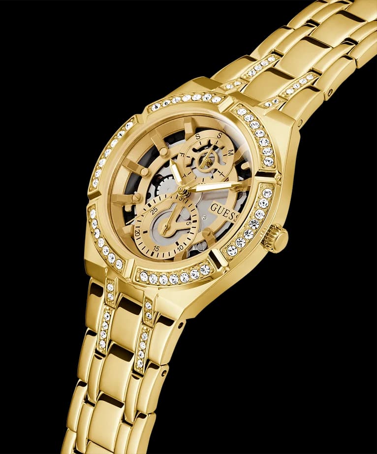 Visage cadran Guess GW0604L2 avec index appliqués dorés, aiguilles fines et guichet date à 4h30