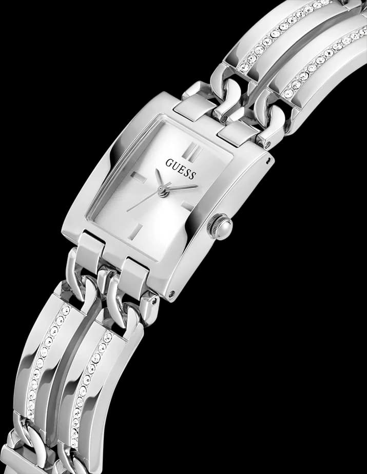 Visage cadran Guess GW0668L1 dévoile index appliqués et aiguilles dauphine, complication date à 3h, fond pierre