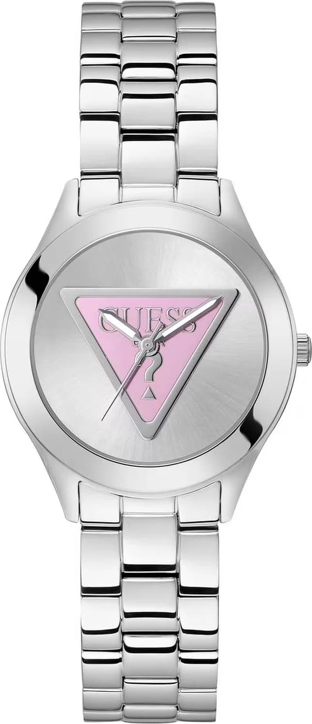 Garde-temps Guess GW0675L1 présentant un cadran rose soleil avec logo triangle et aiguilles index argentés
