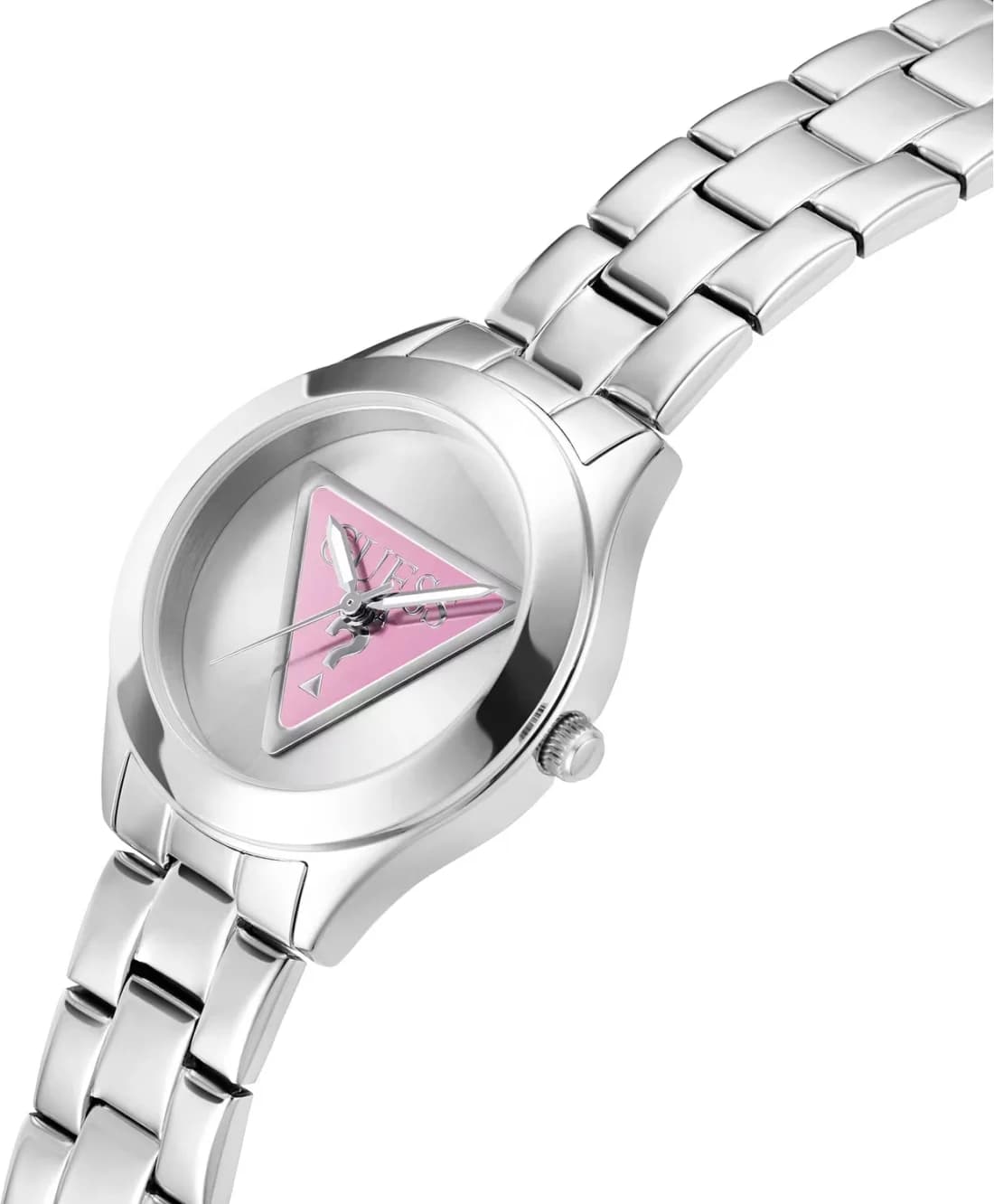 Visage cadran Guess GW0675L1 dévoilant des index bâtons et aiguilles dauphine sur fond rose soleillé sans complications