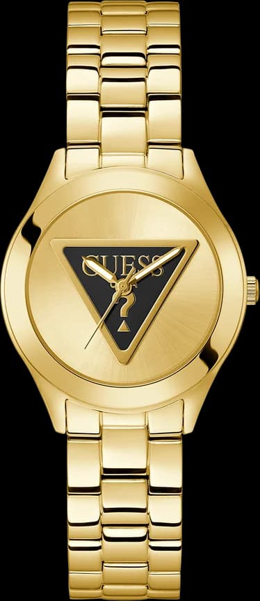 Garde-temps Guess GW0675L2 au cadran noir soleil, index dorés et aiguilles bâton, style chic et moderne