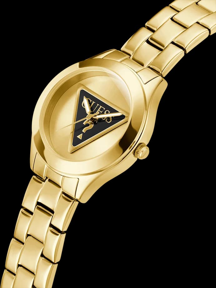 Visage cadran Guess GW0675L2 noir avec motifs soleil, index appliqués dorés, aiguilles dauphine, guichet date à 3h