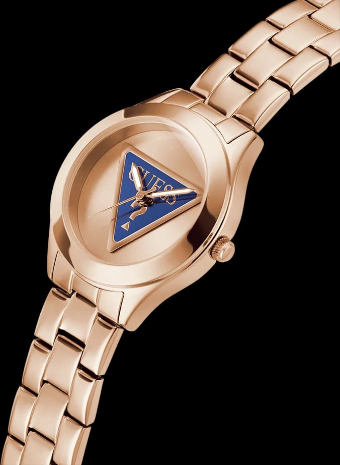 Visage cadran Guess GW0675L3 avec index bâtons dorés, aiguilles facettées et logo texturé