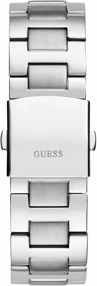 Lunette boîtier Guess GW0703G1 en acier argenté poli, lunette fixe lisse et verre minéral bombé protégeant le mouvement quartz précis