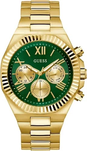 Garde-temps Guess GW0703G2 au cadran vert soleil, boîtier acier doré 44 mm, style élégant et moderne