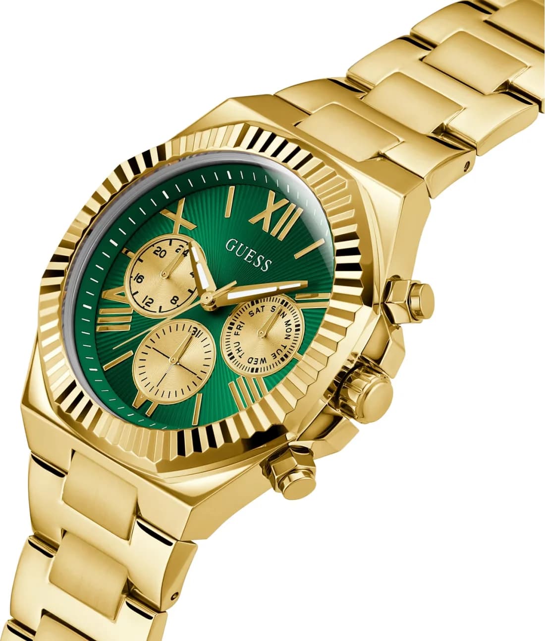 Visage cadran Guess GW0703G2 avec index bâtons dorés et aiguilles dauphine, date à 3h sur fond vert