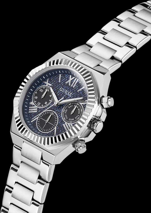Visage cadran Guess GW0769L1 avec index bâtons argentés, aiguilles à facettes et date à 3h