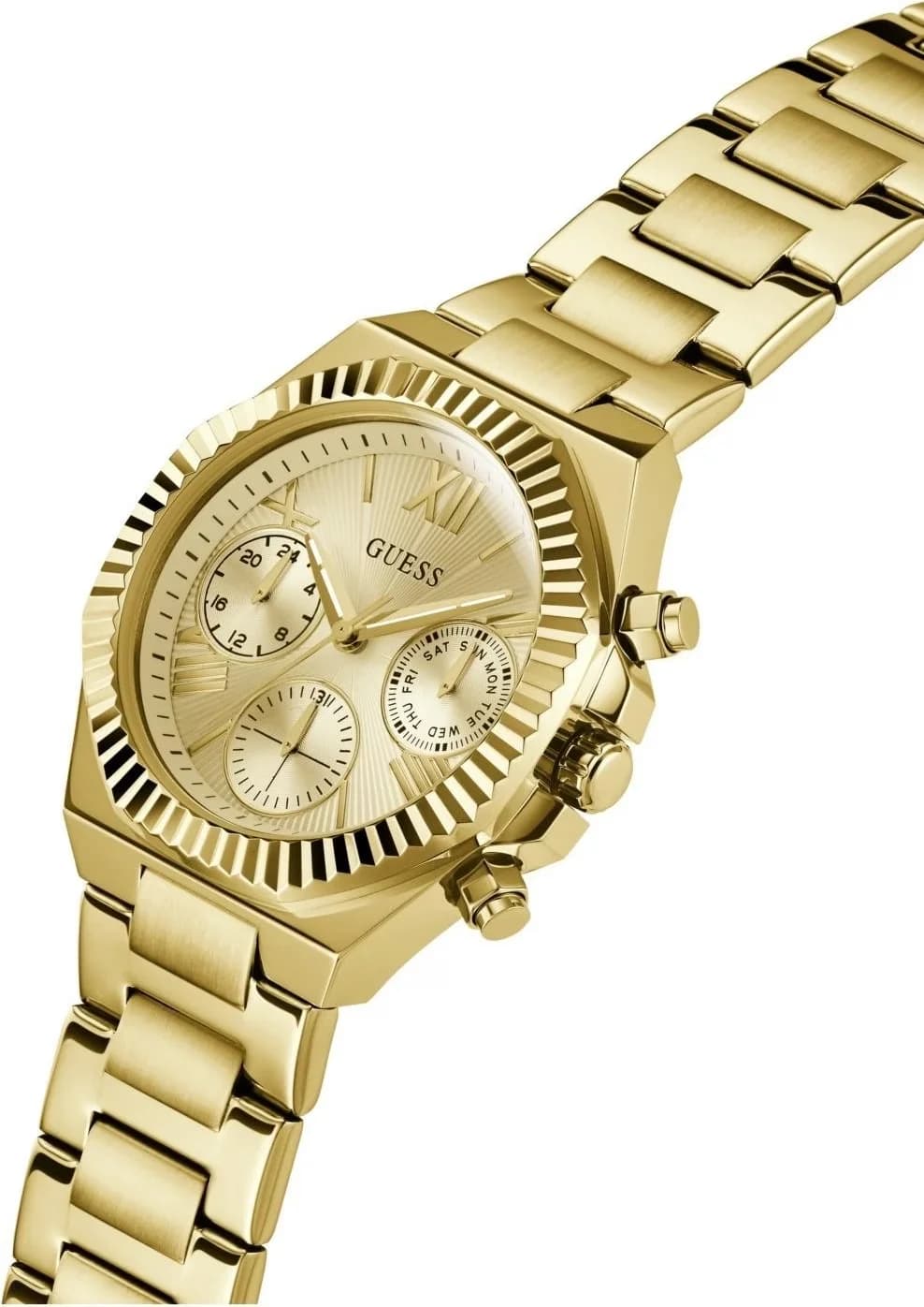 Visage cadran Guess GW0769L2 avec index appliqués dorés, aiguilles dauphine, guichets date et jour à 3h et 6h