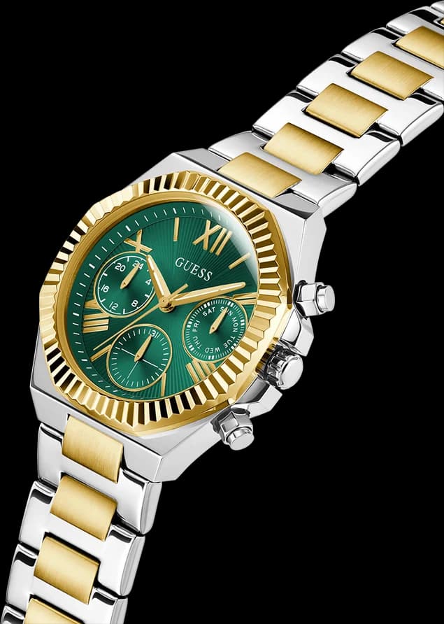 Visage cadran Guess GW0769L4 avec guichet date, totaliseurs multifonctions et index appliqués polis