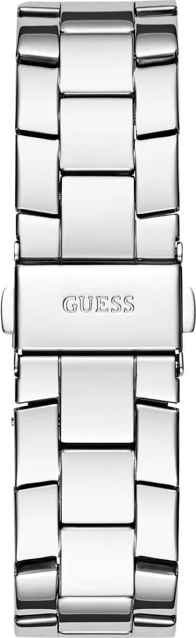 Lunette boîtier Guess GW0771L1 dévoilant boîtier acier 38 mm, lunette fixe sertie de cristaux scintillants, couronne crantée et verre minéral