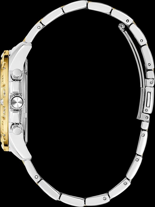 Attache bracelet Guess GW0771L3 en acier bicolore avec maillons alternés or rose et argent, fermoir déployant sécurisé
