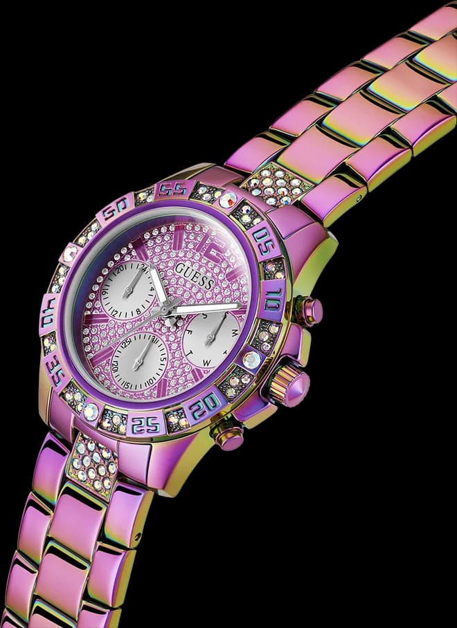 Visage cadran Guess GW0771L4 avec index appliqués cristaux, aiguilles bâton et date à 3h