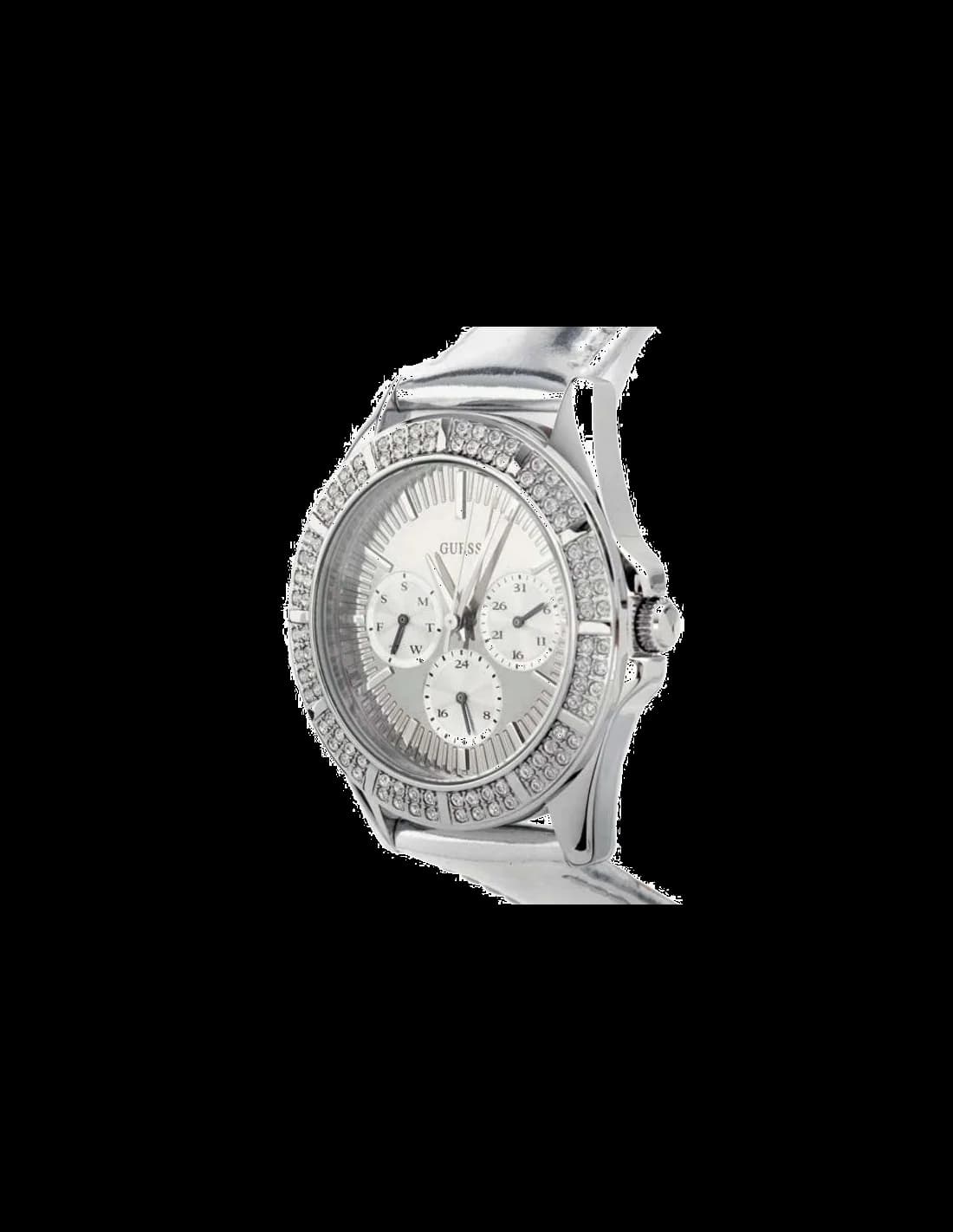 Visage cadran Guess U11517L1 avec index bâtons appliqués, aiguilles dauphine et sous-cadrans pour 24h, 60s et jours