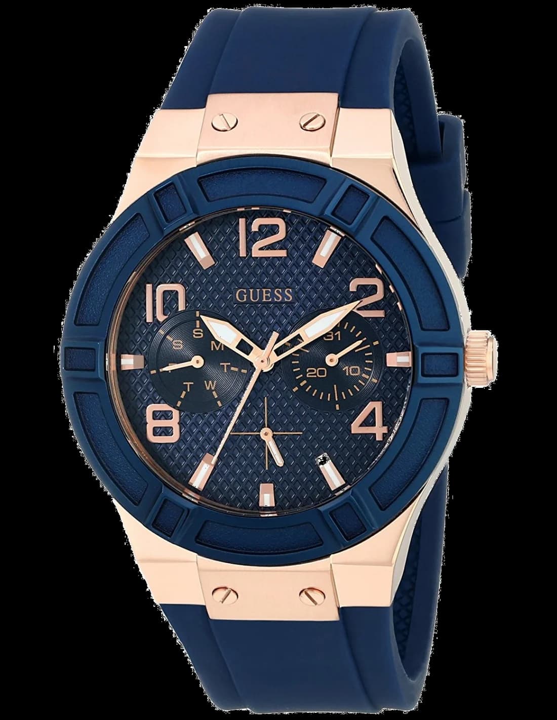 Montre Guess Femme Jet Setter W0571L1 - Cadran et Bracelet Bleu, Boîtier Silicone Or Rose
