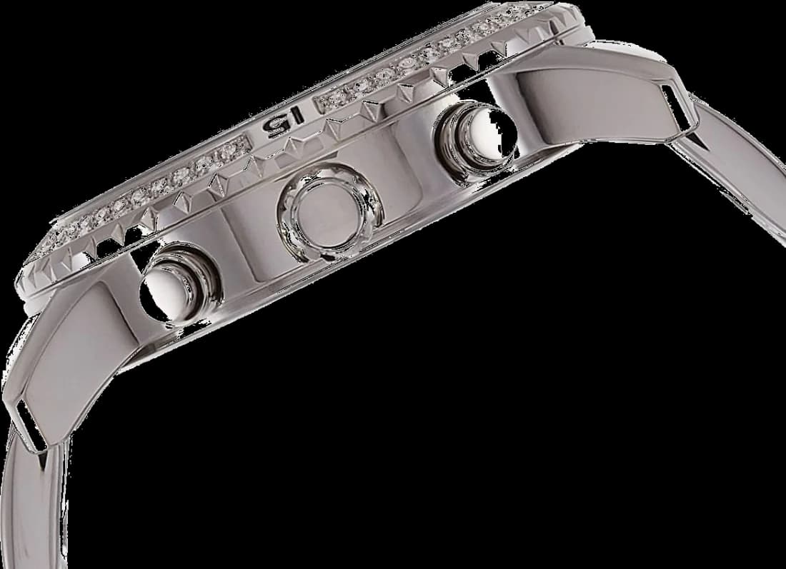 Visage cadran Guess W0774L1 dévoilant index appliqués et aiguilles bâton en acier, finition soleillée bicolore