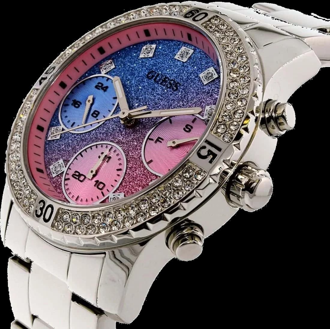 Attache bracelet Guess W0774L1 en acier argenté à maillons polis, fermoir déployant sécurisé à double bouton