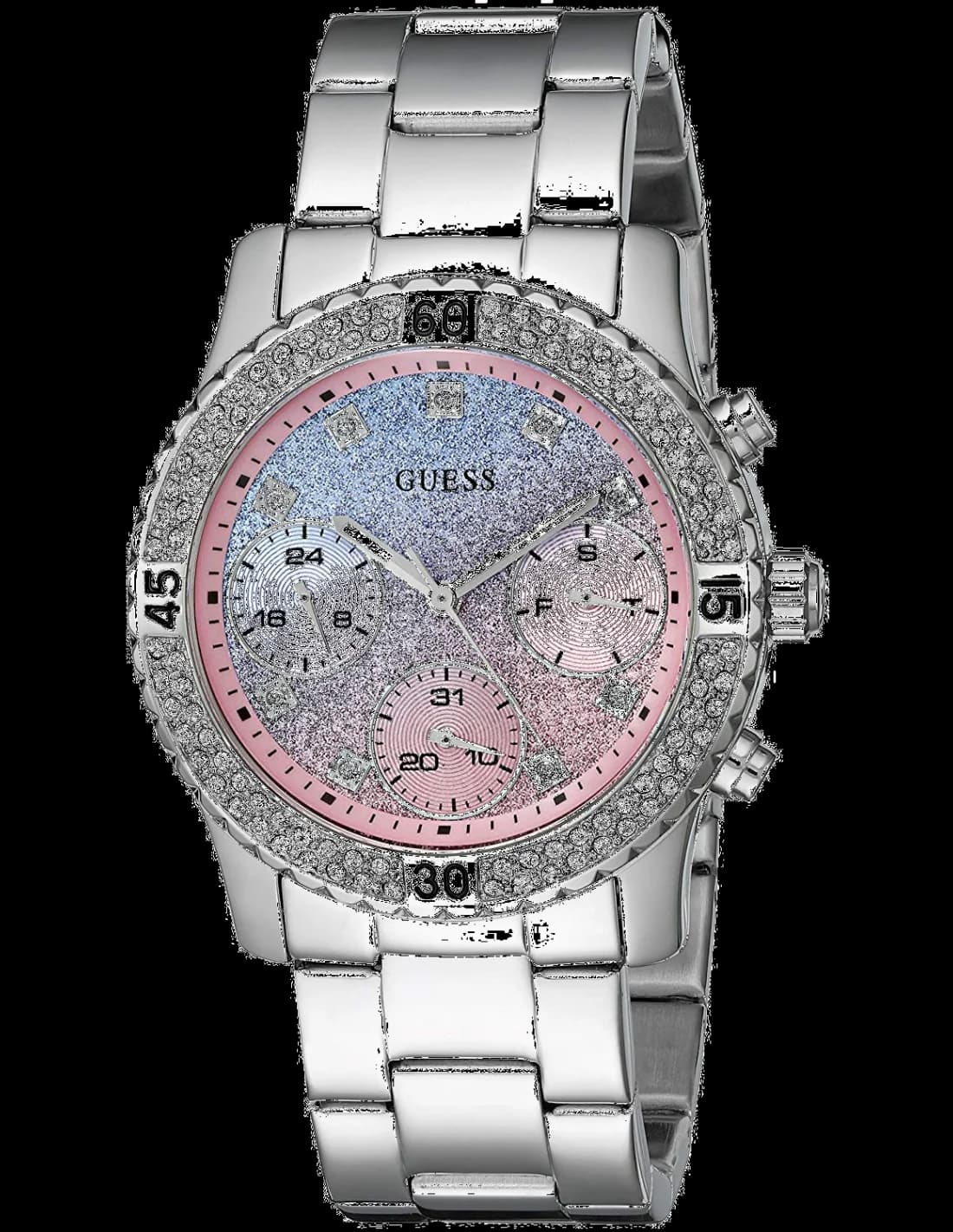 Lunette boîtier Guess W0774L1 ronde en acier argenté, lunette fixe bicolore bleue et rose, profil fin