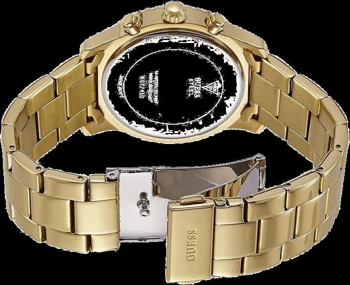 Attache bracelet Guess W0774L2 en acier doré avec maillons polis et satinés, fermoir déployant double sécurité gravé logo Guess