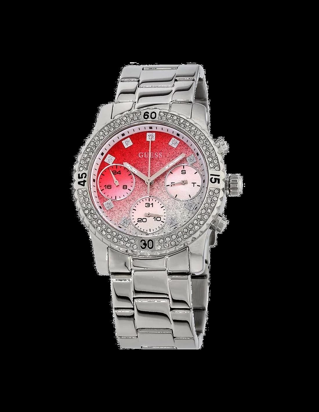 Visage cadran Guess W0774L7 aux index bâtons dorés et aiguilles fines, date à 3h