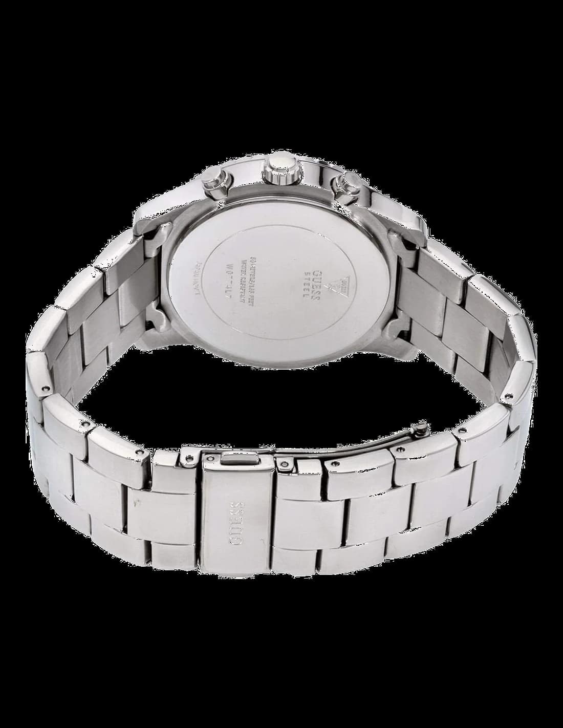Lunette boîtier Guess W0774L7 sertie de strass scintillants sur un boîtier en acier, contraste de finitions polies et satinées