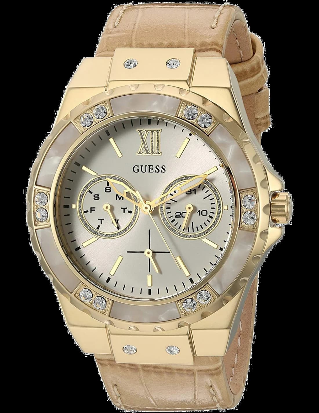 Montre Guess W0775L2 pour Femme, Cadran Argent et Boîtier Or, Bracelet Cuir Beige Python