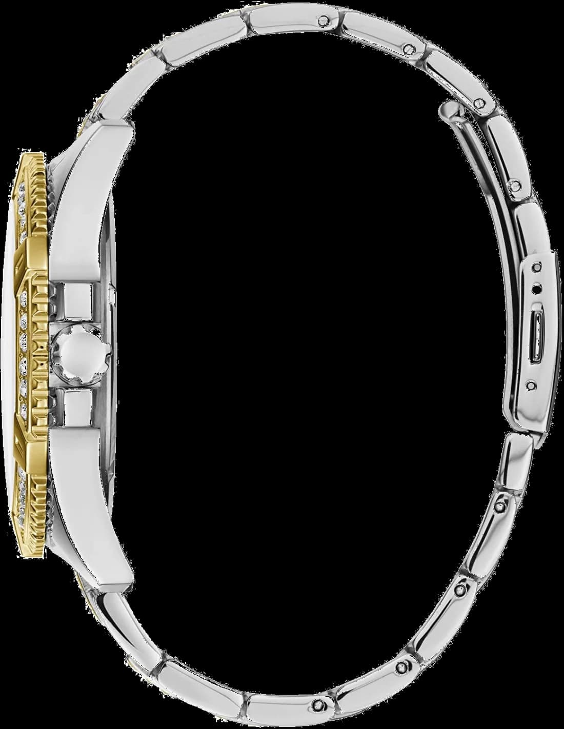 Visage cadran Guess W0799G4 avec index appliqués et aiguilles dorées, date à 3h et mouvement quartz précis