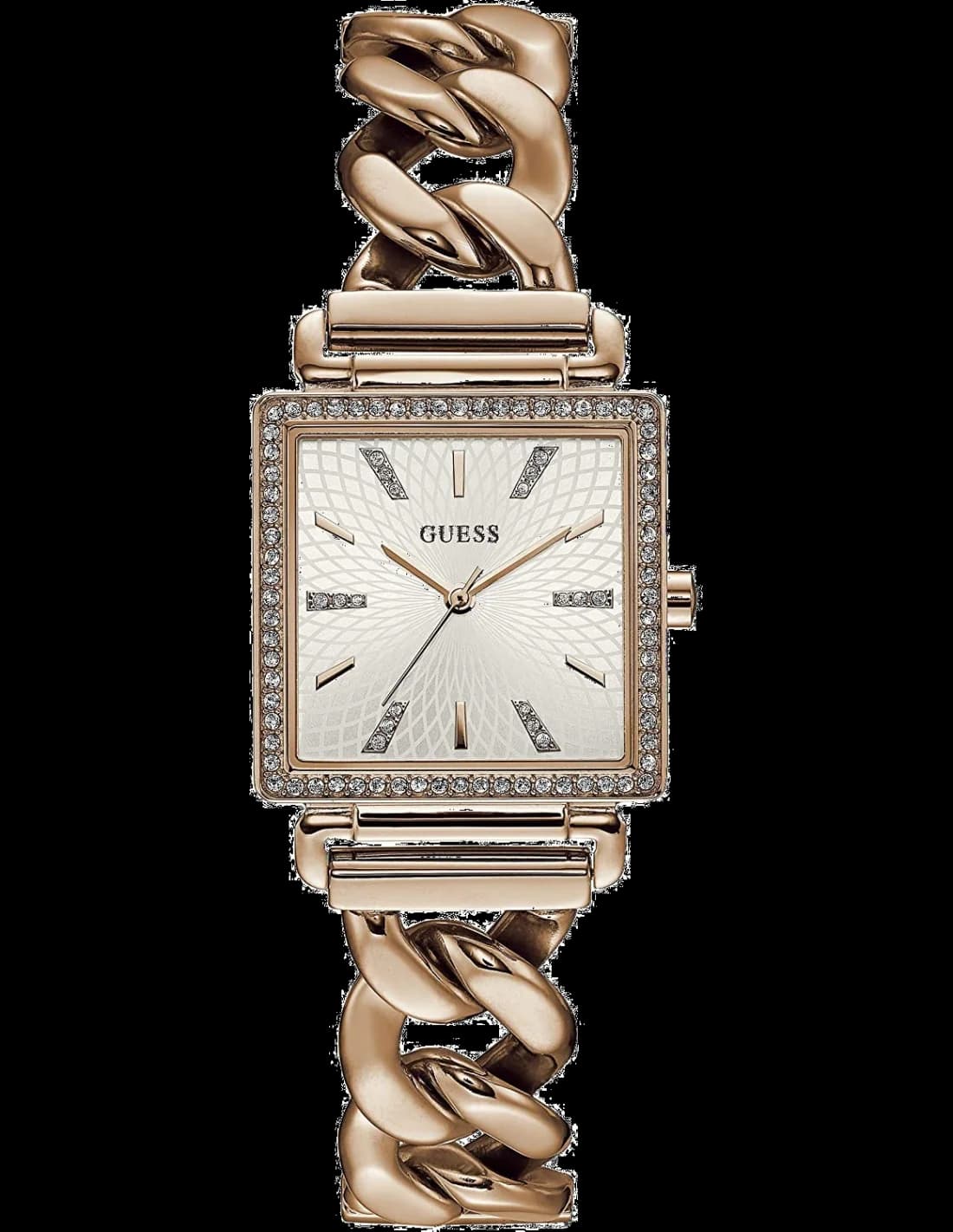 Garde-temps Guess W1030L4 avec cadran carré blanc nacré et cristaux scintillants, aiguilles bâton et index pastilles