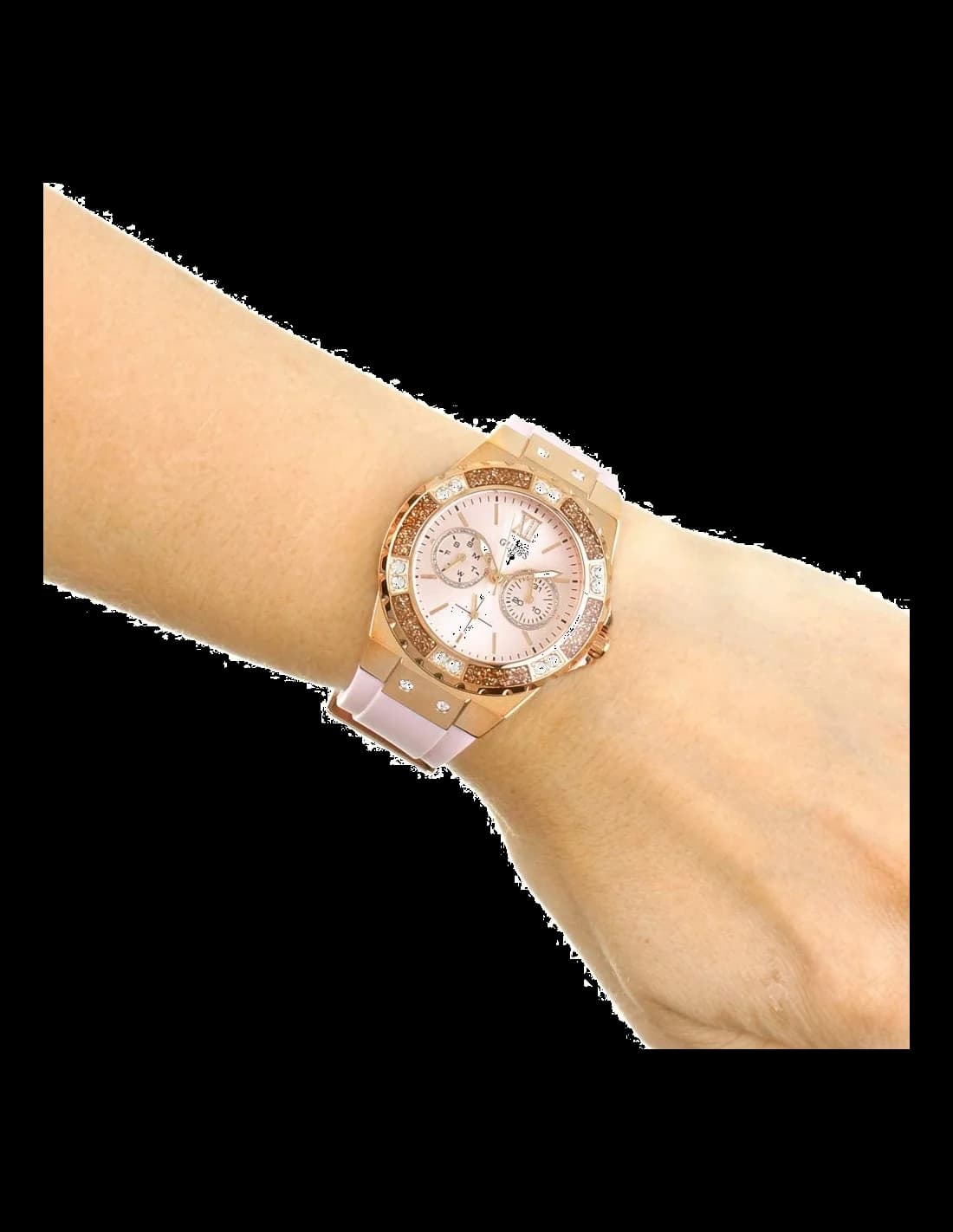 Attache bracelet Guess W1053L3 en silicone rose texturé avec boucle ardillon en acier inoxydable