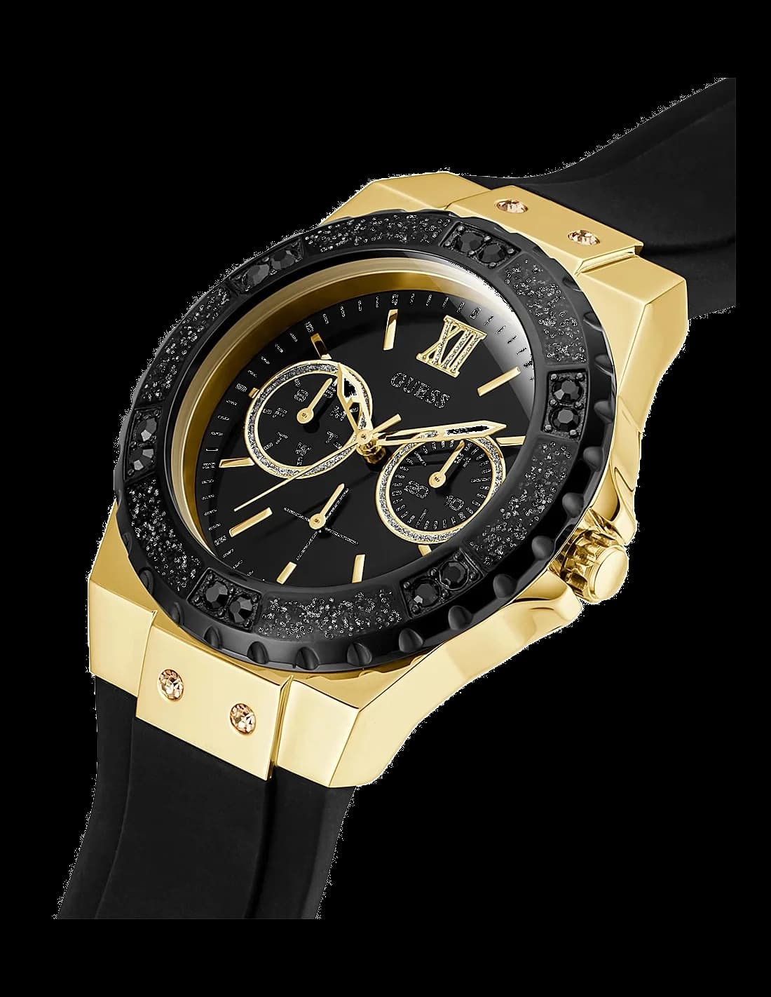 Visage cadran Guess W1053L7 dévoile index bâtons dorés et aiguilles fines sur fond noir texturé